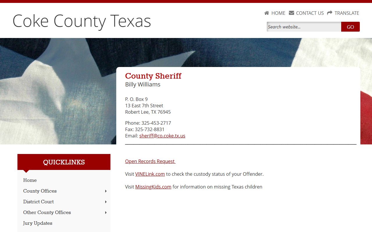 Coke County Sheriff's Office inmate records and VINELink custody status page