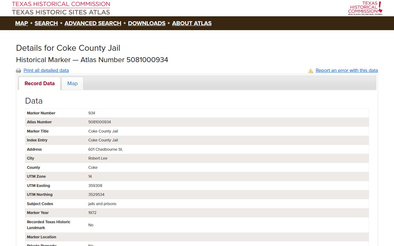 Coke County historic jail marker record, not a current inmate population roster