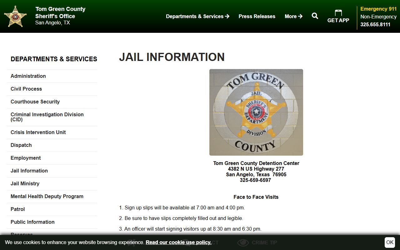 Tom Green County Detention Center jail information page with visitation mail commissary and bond rules